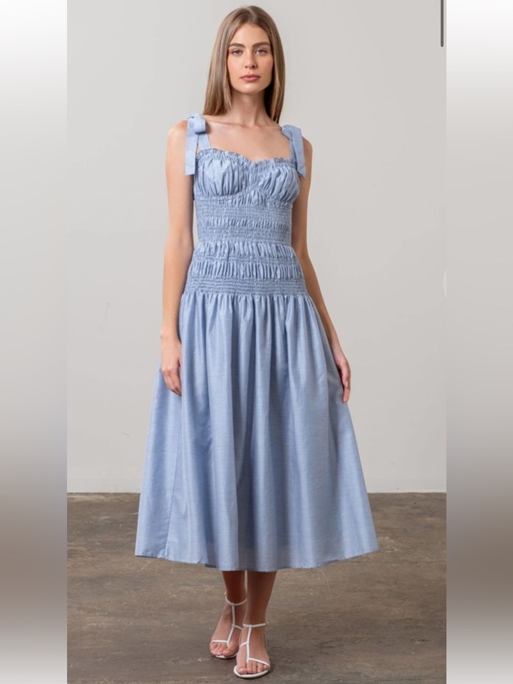 Moon River Anthropologie Shirred Midi Dress Blue Ribbon Tie Straps Ruffle Large - Picture 4 of 13